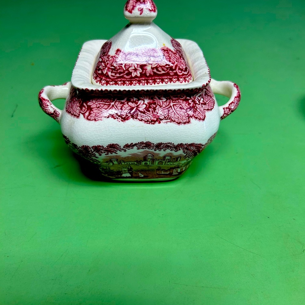 Mason's Vista Pink Square Fan Sugar Bowl w/Lid England Transferware Excellent